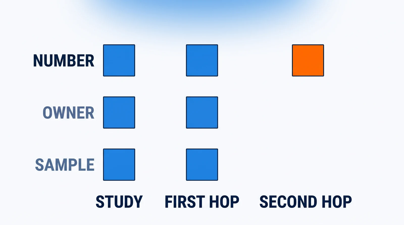 Three columns of small blue squares labelled Study, First hop and Second hop, with rows labelled Number, Owner and Sample: the first two columns carry all three squares, the third carries only the Number square, drawn in orange.