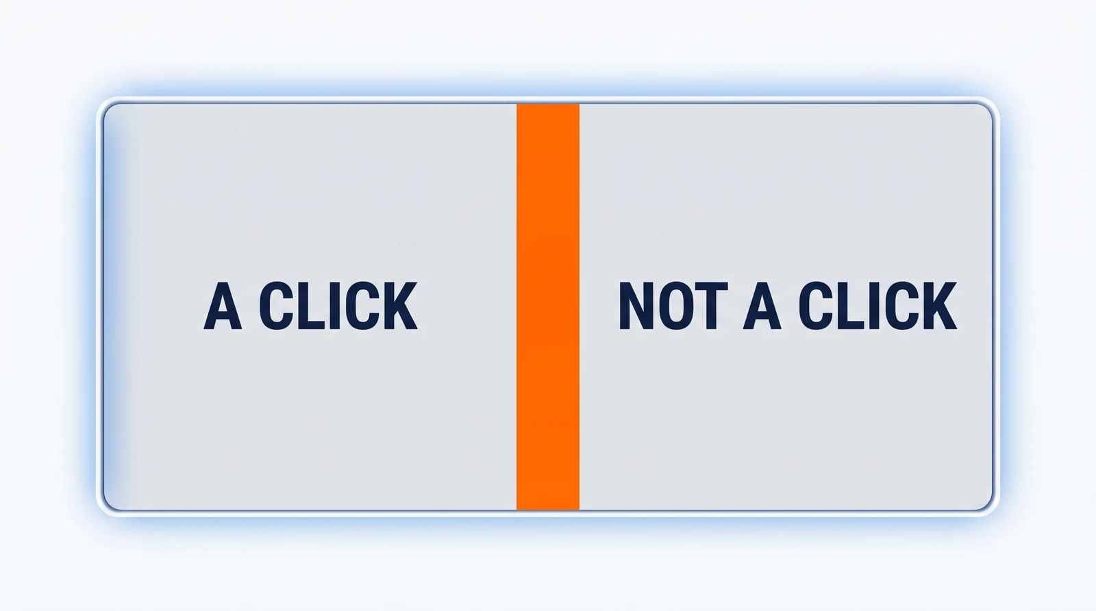 A wide plate divided down the middle by one solid vivid orange upright band that runs the full height of its face, from the top inner margin to the bottom inner margin. The left half is marked A click and the right half Not a click; both halves are identical and empty.